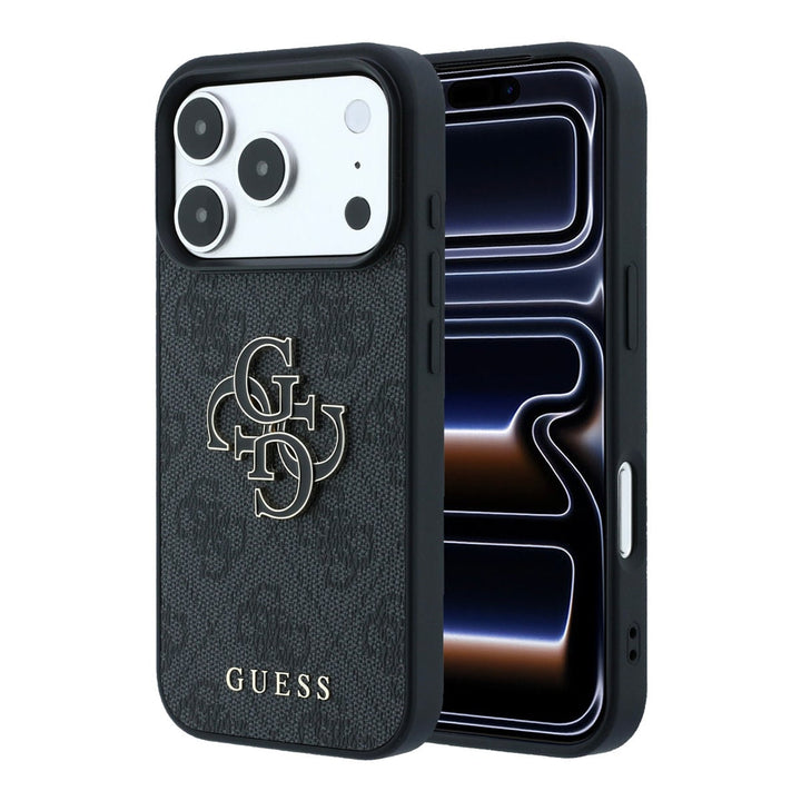 Zwart Guess telefoonhoesje met 4G-patroon en groot logo, voor- en achterkant op een telefoon