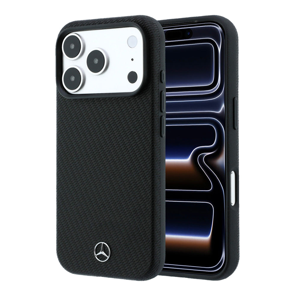 Zwart Mercedes-Benz telefoonhoesje met diagonaal patroon en Mercedes-logo, voor- en achterkant op een telefoon