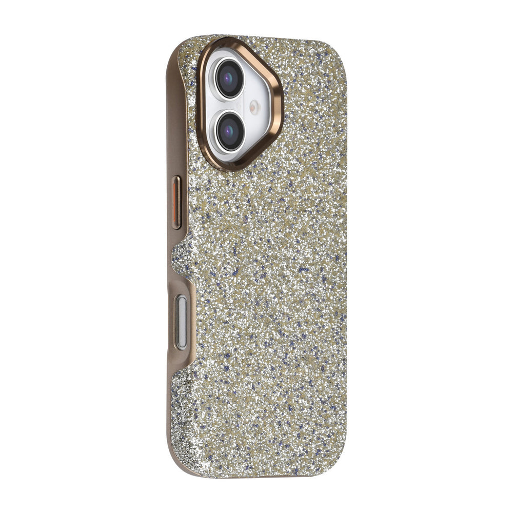 TUNIQ telefoonhoesje met lichte glitters en goudkleurige rand, van achteren op een telefoon