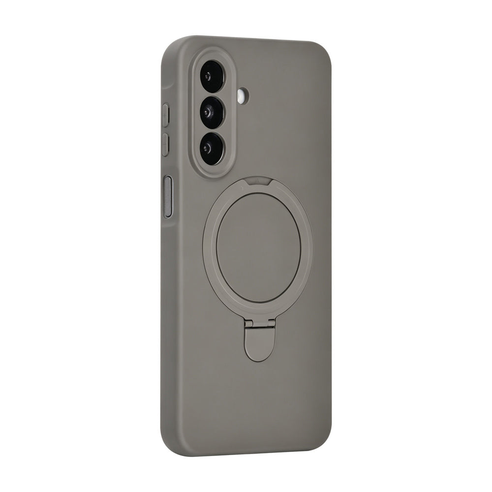 Grijs TUNIQ telefoonhoesje met ringstandaard, van achteren op een telefoon