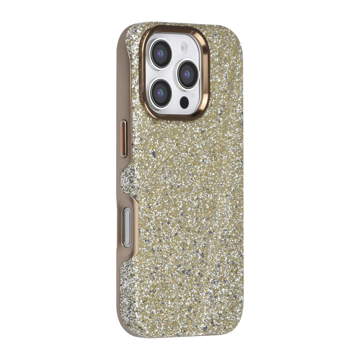 TUNIQ telefoonhoesje met lichte glitters en goudkleurige rand, van achteren op een telefoon