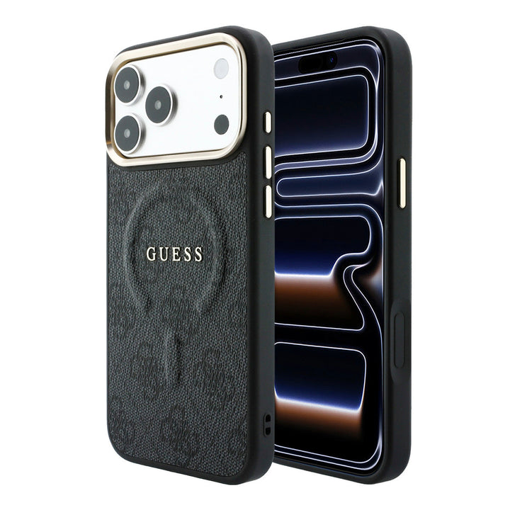 Zwart Guess telefoonhoesje met 4G-patroon en klassiek logo, voor- en achterkant op een telefoon