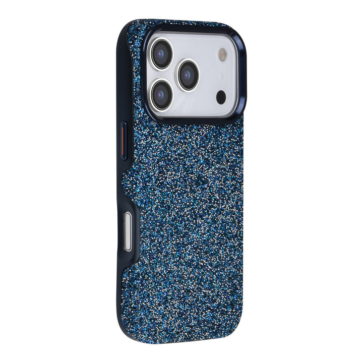 Blauw TUNIQ telefoonhoesje met glitters, van achteren op een telefoon