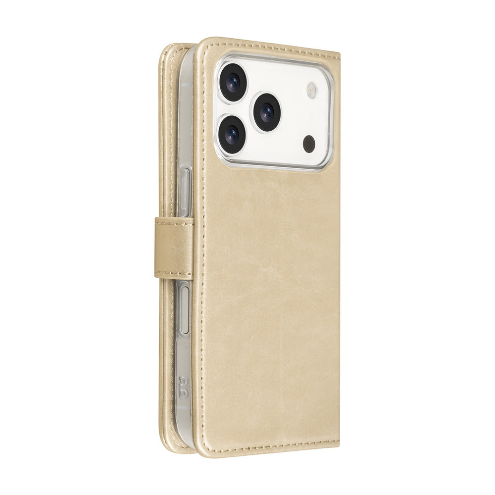 Goudkleurige TUNIQ bookcase voor telefoon, voor- en achterkant gesloten
