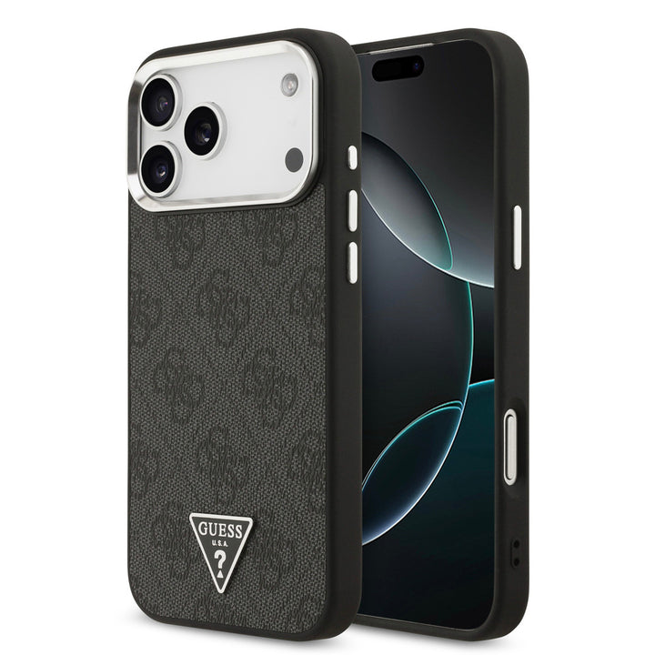 Zwart Guess telefoonhoesje met 4G-patroon en driehoekslogo, voor- en achterkant op een telefoon