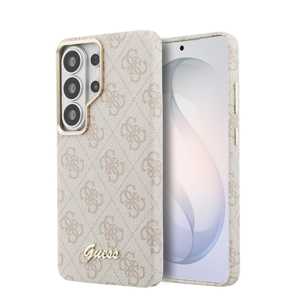 Roze Guess telefoonhoesje met 4G-patroon en goudkleurig schriftlogo, voor- en achterkant op een telefoon