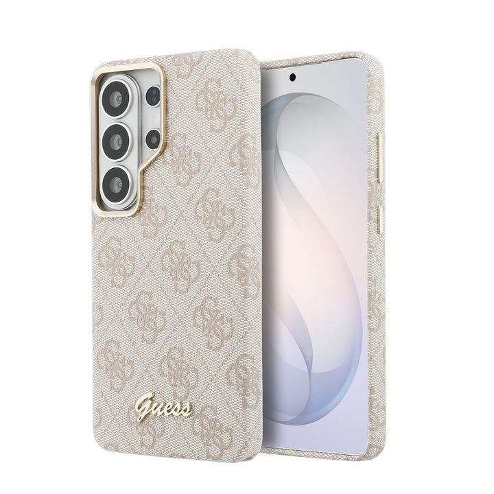 Roze Guess telefoonhoesje met 4G-patroon en goudkleurig schriftlogo, voor- en achterkant op een telefoon