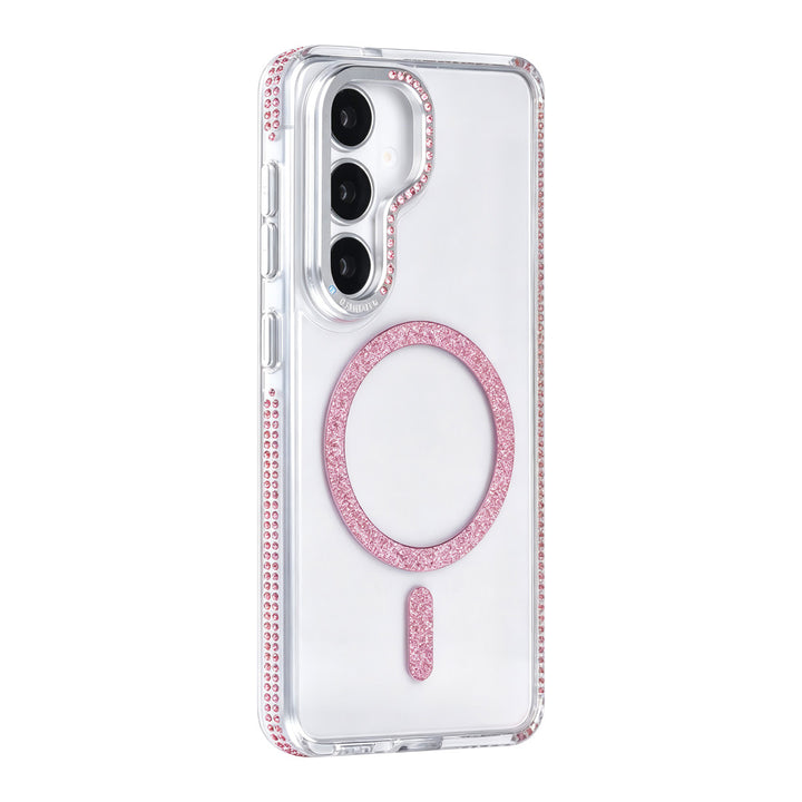 Transparant TUNIQ telefoonhoesje met roze glitterring en rand, van achteren op een telefoon
