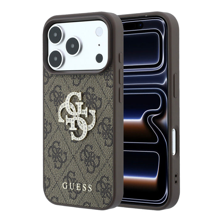 Bruin Guess telefoonhoesje met 4G-patroon en groot strasslogo, voor- en achterkant op een telefoon