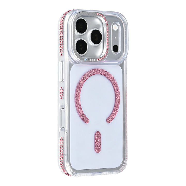 Transparant TUNIQ telefoonhoesje met roze glitters langs de rand en gebogen ring, van achteren op een telefoon