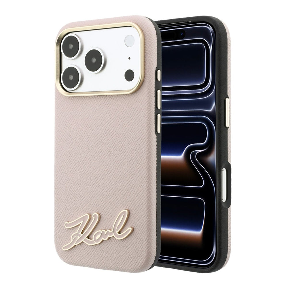 Lichtroze Karl Lagerfeld telefoonhoesje met schriftlogo, voor- en achterkant op een telefoon