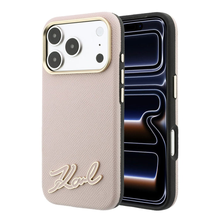 Lichtroze Karl Lagerfeld telefoonhoesje met schriftlogo, voor- en achterkant op een telefoon