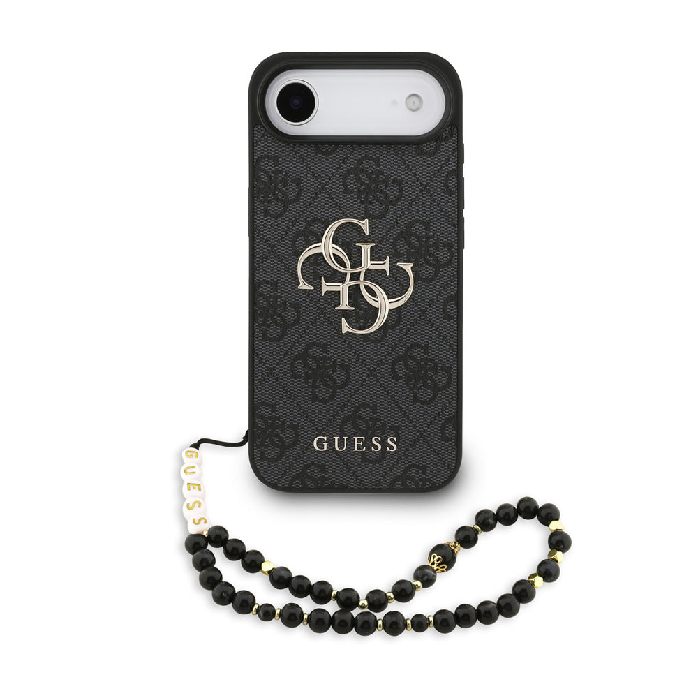 Zwart Guess telefoonhoesje met 4G-patroon en groot logo met zwart-wit parelkoord op een telefoon