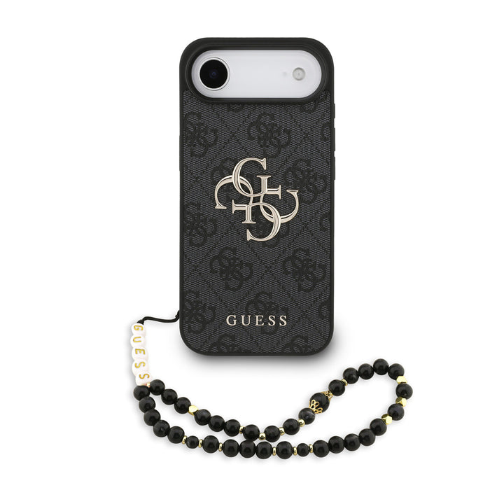 Zwart Guess telefoonhoesje met 4G-patroon en groot logo met zwart-wit parelkoord op een telefoon