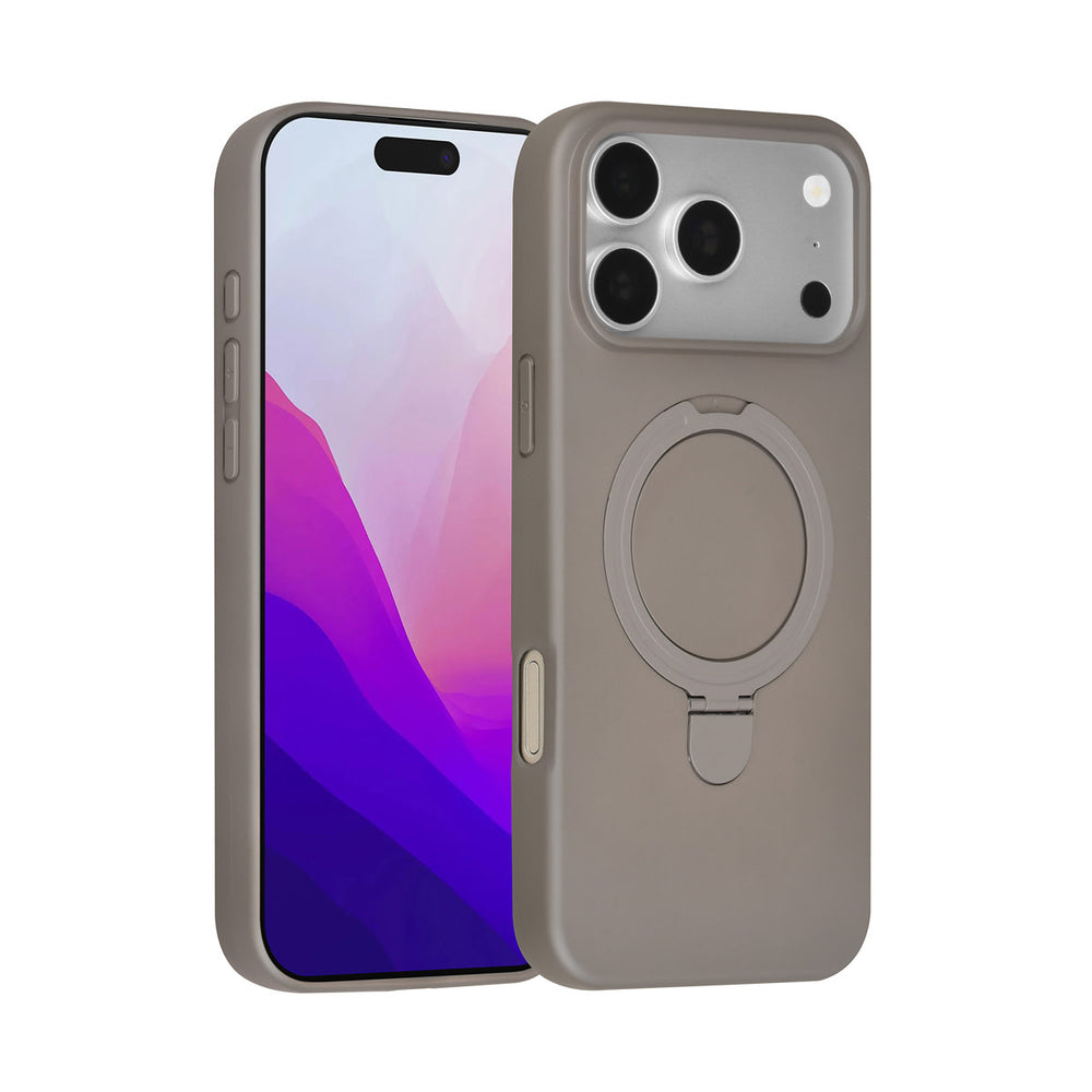 Grijs TUNIQ telefoonhoesje met ringstandaard, voor- en achterkant op een telefoon