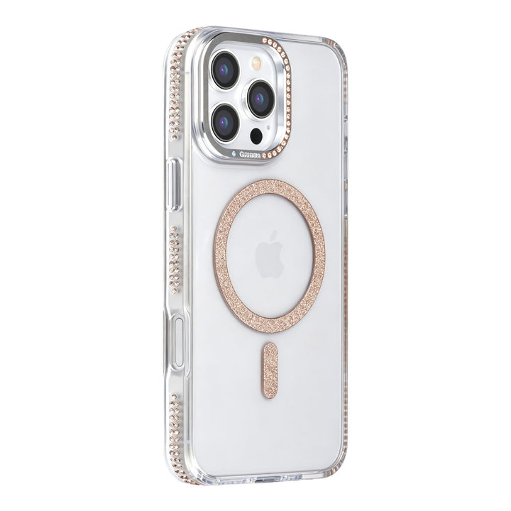 Transparant TUNIQ telefoonhoesje met goudkleurige glitterring en rand, van achteren op een telefoon