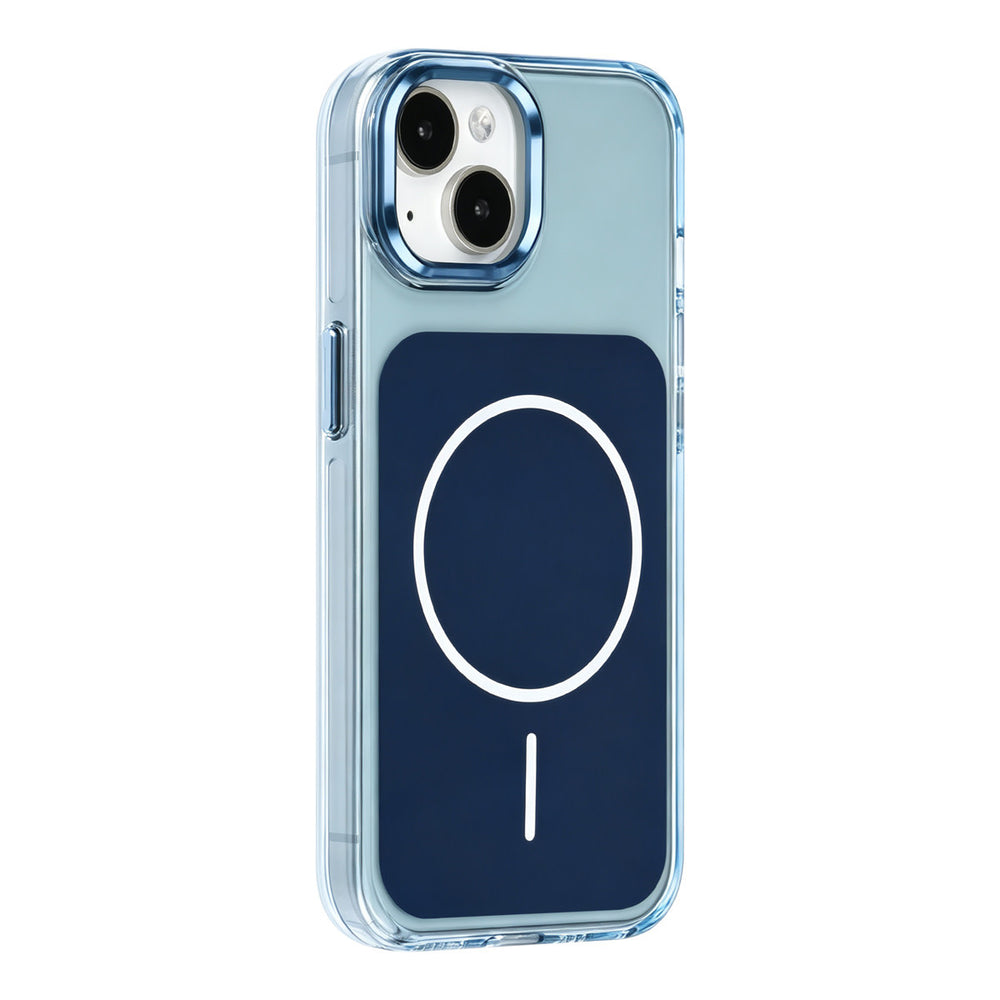 Blauw TUNIQ telefoonhoesje met witte ring, voor- en achterkant op een telefoon