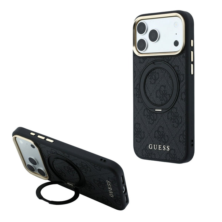 Zwart Guess telefoonhoesje met 4G-patroon met ringstandaard, staand en horizontaal als telefoonsteun