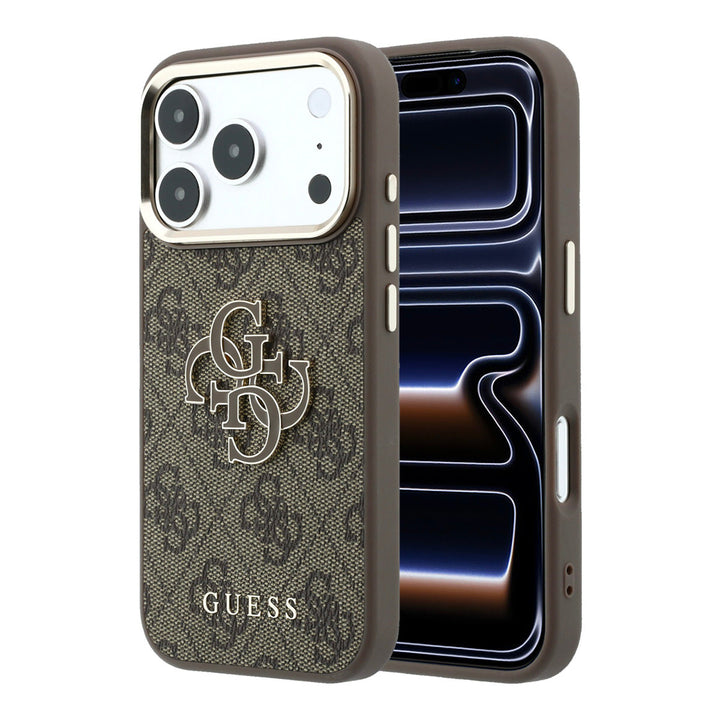 Bruin Guess telefoonhoesje met 4G-patroon en groot 4G-logo, voor- en achterkant op een telefoon