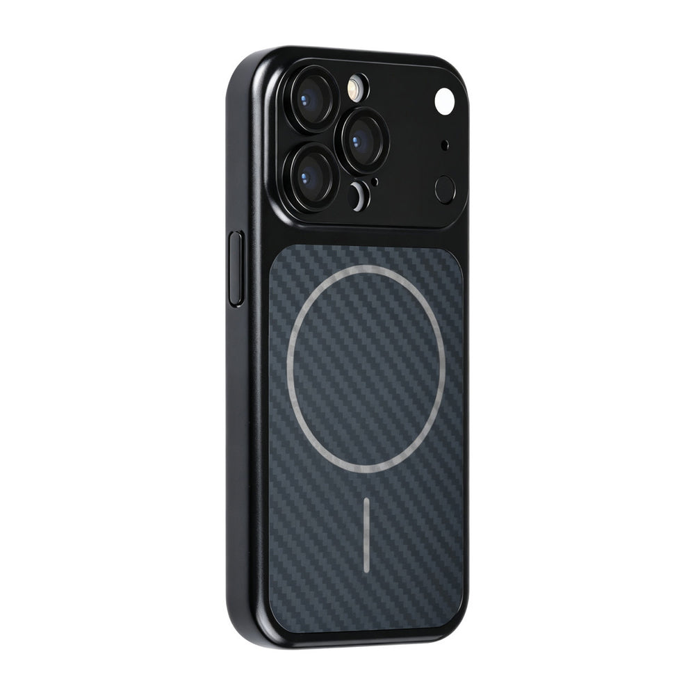 Zwart TUNIQ telefoonhoesje met diagonaal patroon en ring, van achteren op een telefoon