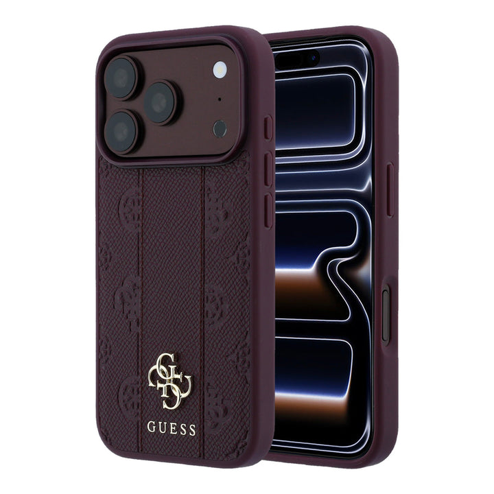 Bordeauxkleurig Guess telefoonhoesje met bloemenpatroon, verticale banen en 4G-logo, voor- en achterkant op een telefoon