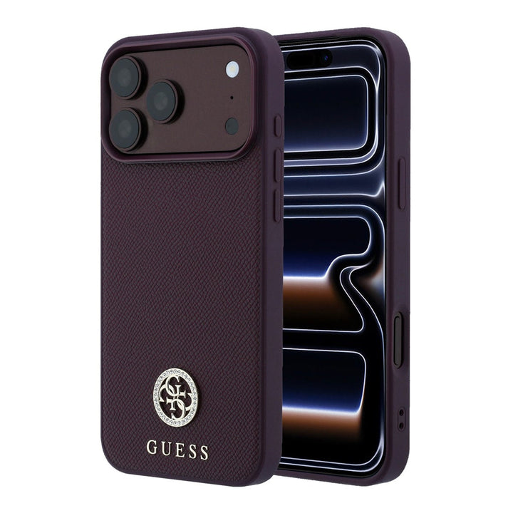 Bordeauxkleurig Guess telefoonhoesje met rond logo, voor- en achterkant op een telefoon