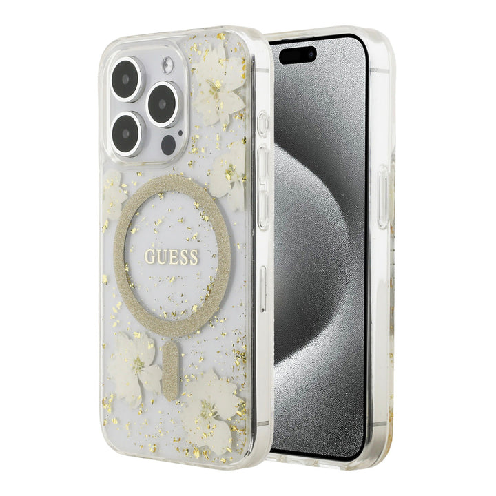 Transparant Guess telefoonhoesje met lichtgekleurde bloemen, glitters en ring, voor- en achterkant op een telefoon