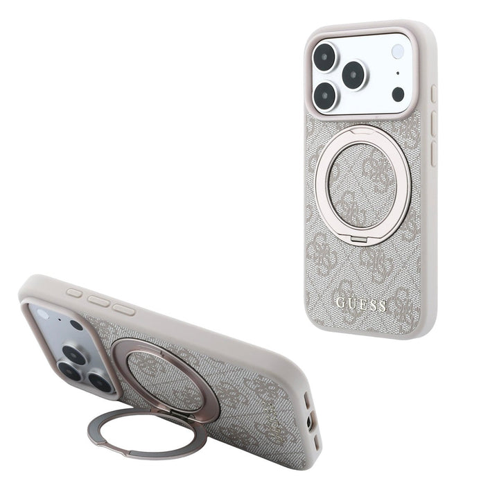 Lichtgekleurd Guess telefoonhoesje met 4G-patroon met ringstandaard, staand en horizontaal als telefoonsteun