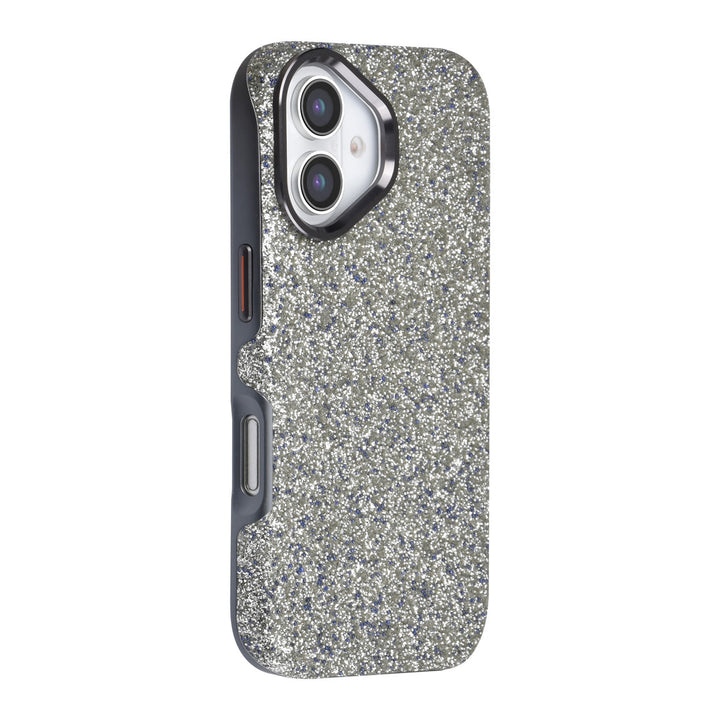 Grijs TUNIQ telefoonhoesje met glitters, van achteren op een telefoon