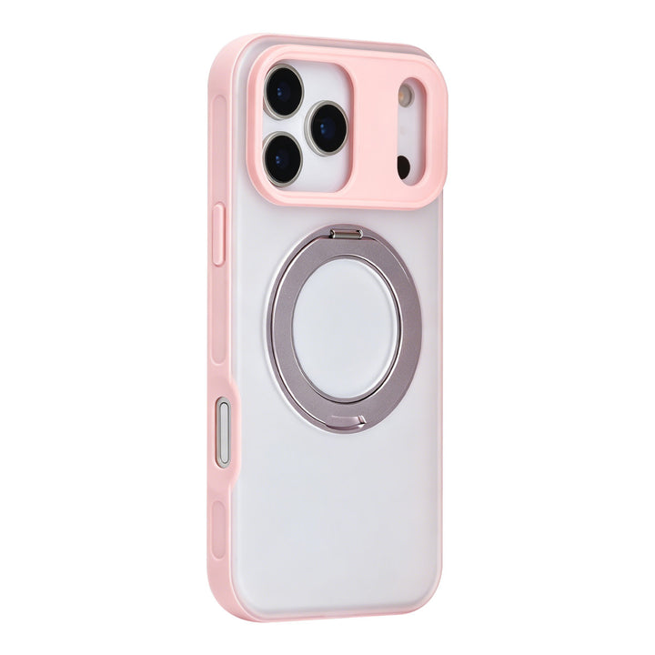 Roze TUNIQ telefoonhoesje met glanzende ringstandaard, van achteren op een telefoon