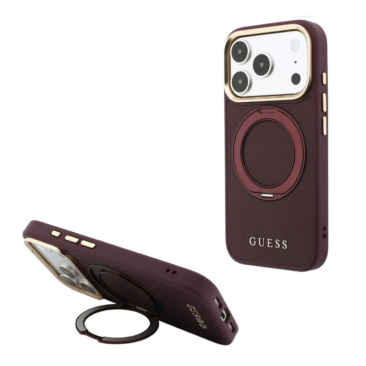 Bordeauxkleurig Guess telefoonhoesje met ringstandaard, staand en horizontaal als telefoonsteun