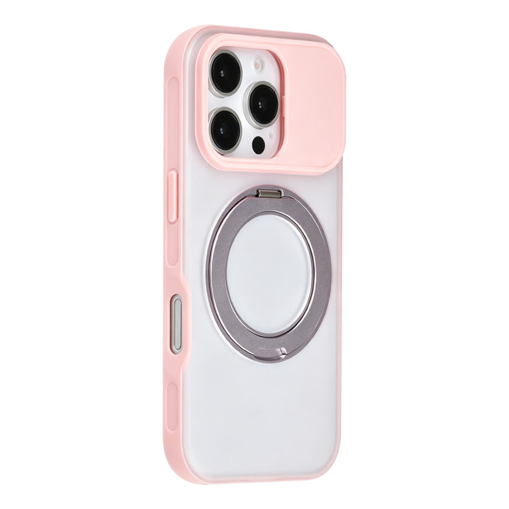 Roze TUNIQ telefoonhoesje met glanzende ringstandaard, van achteren op een telefoon