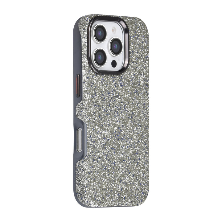 Grijs TUNIQ telefoonhoesje met glitters, van achteren op een telefoon