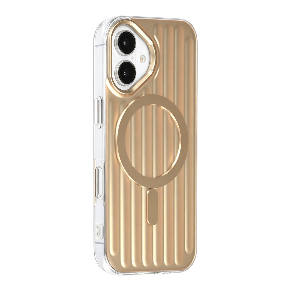 Goudkleurig TUNIQ telefoonhoesje met verticale ribbels en ring, van achteren op een telefoon