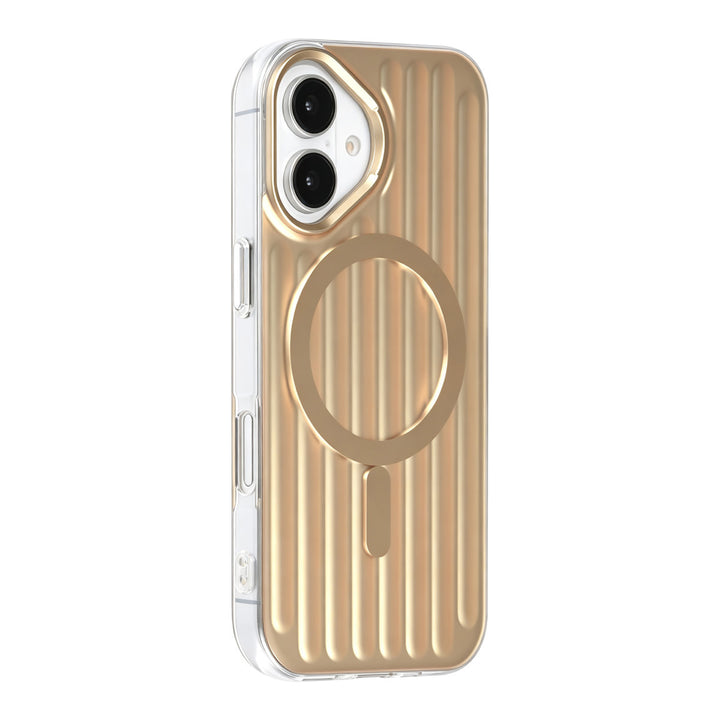 Goudkleurig TUNIQ telefoonhoesje met verticale ribbels en ring, van achteren op een telefoon