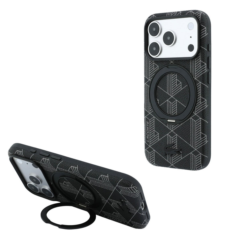 Zwart Lacoste telefoonhoesje met geometrisch patroon met ringstandaard, staand en horizontaal als telefoonsteun