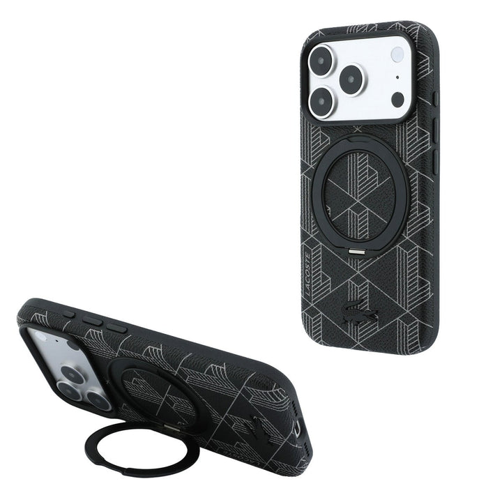 Zwart Lacoste telefoonhoesje met geometrisch patroon met ringstandaard, staand en horizontaal als telefoonsteun