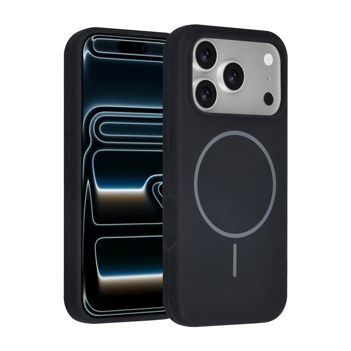 Zwart TUNIQ telefoonhoesje met ring, voor- en achterkant op een telefoon