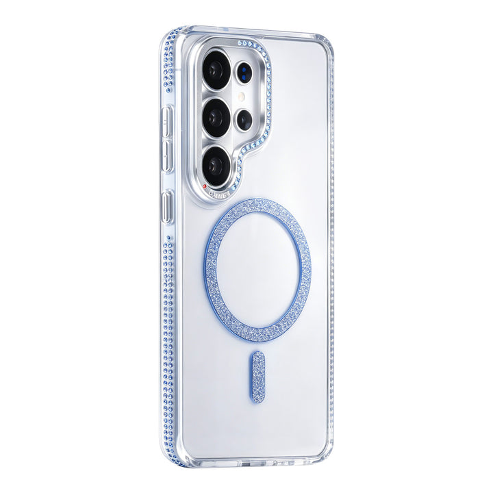 Transparant TUNIQ telefoonhoesje met blauwe glitterring en rand, van achteren op een telefoon