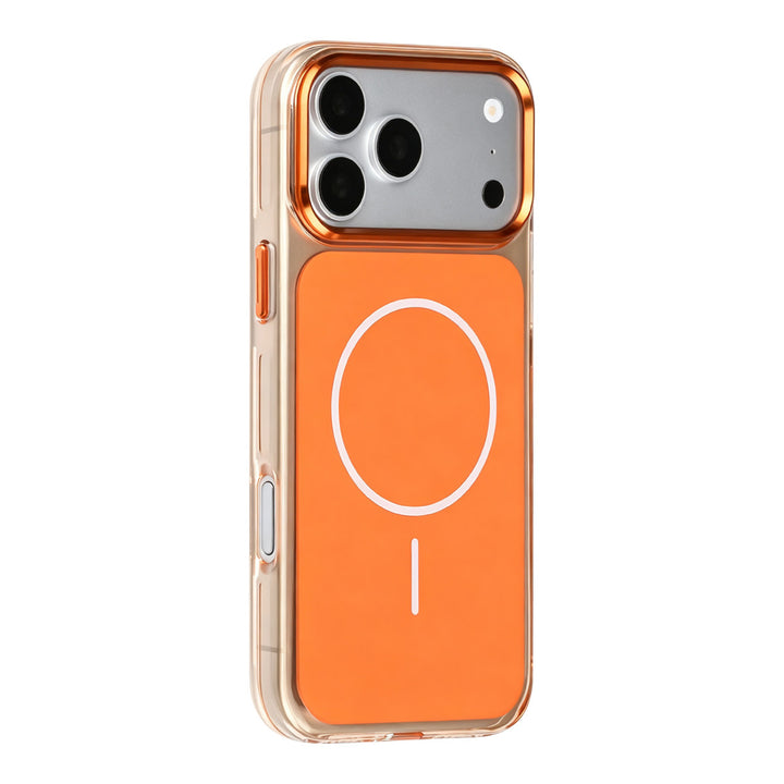 Oranje TUNIQ telefoonhoesje met witte ring, van achteren op een telefoon