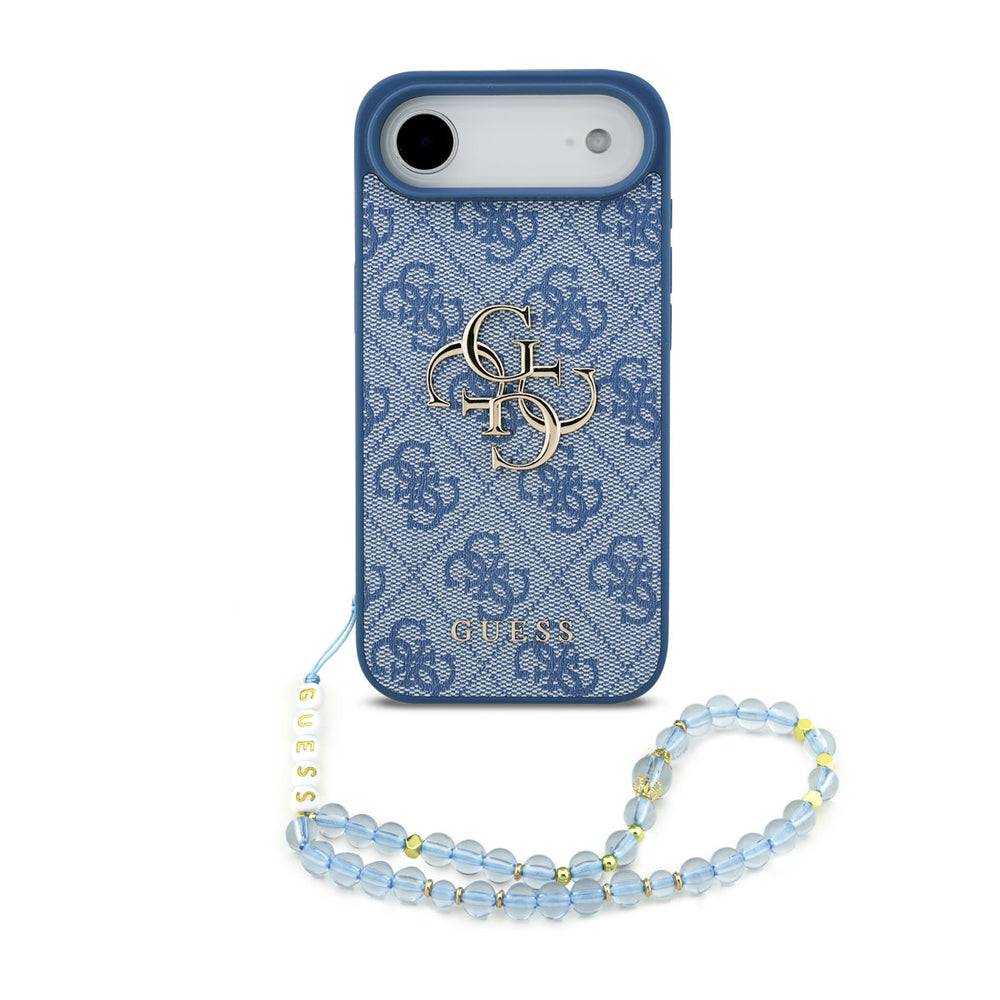Blauw Guess telefoonhoesje met 4G-patroon en groot logo met blauw-wit parelkoord op een telefoon