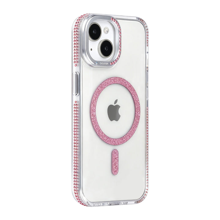 Transparant TUNIQ telefoonhoesje met roze glitterring en rand, van achteren op een telefoon