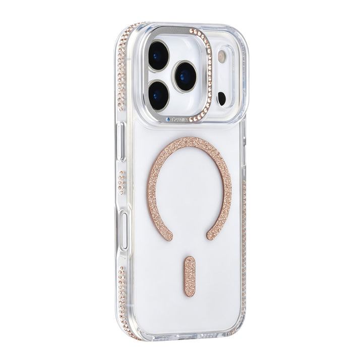 Transparant TUNIQ telefoonhoesje met goudkleurige glitters langs de rand en gebogen ring, van achteren op een telefoon