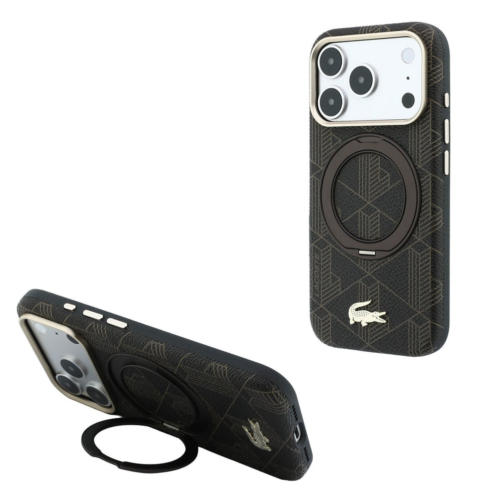 Zwart Lacoste telefoonhoesje met geometrisch patroon met ringstandaard, staand en horizontaal als telefoonsteun