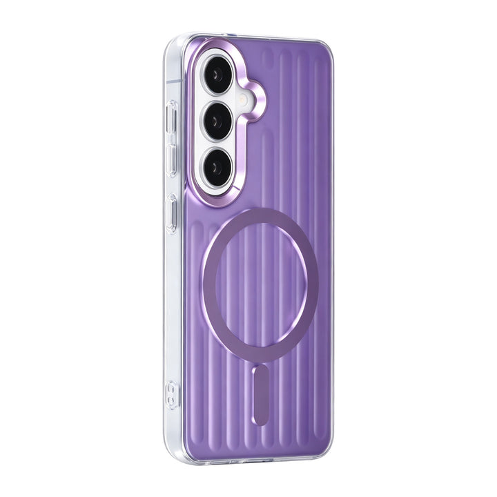 Paars TUNIQ telefoonhoesje met verticale ribbels en ring, van achteren op een telefoon