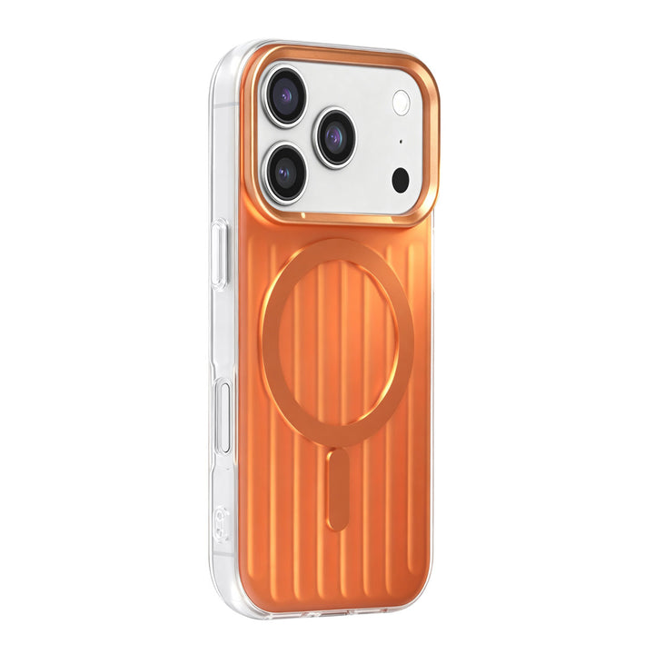Oranje TUNIQ telefoonhoesje met verticale ribbels en ring, van achteren op een telefoon