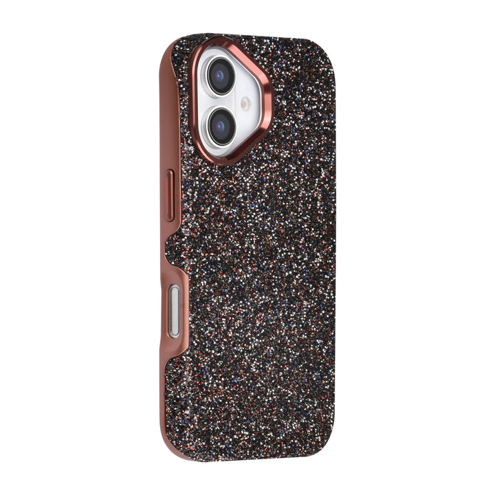 Bruin TUNIQ telefoonhoesje met glitters, van achteren op een telefoon