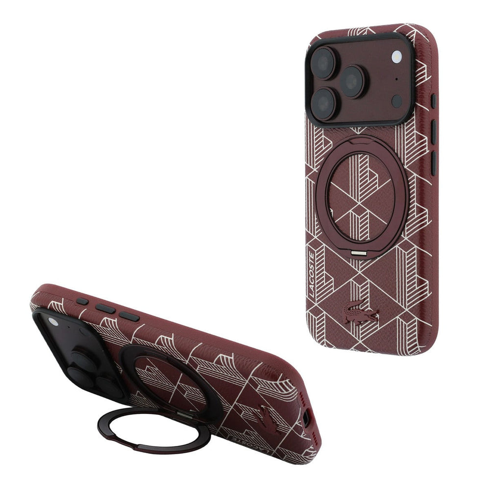 Bordeauxrood Lacoste telefoonhoesje met geometrisch patroon met ringstandaard, staand en horizontaal als telefoonsteun