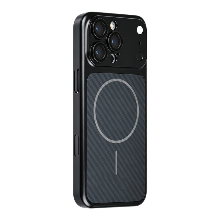 Zwart TUNIQ telefoonhoesje met diagonaal patroon en ring, van achteren op een telefoon