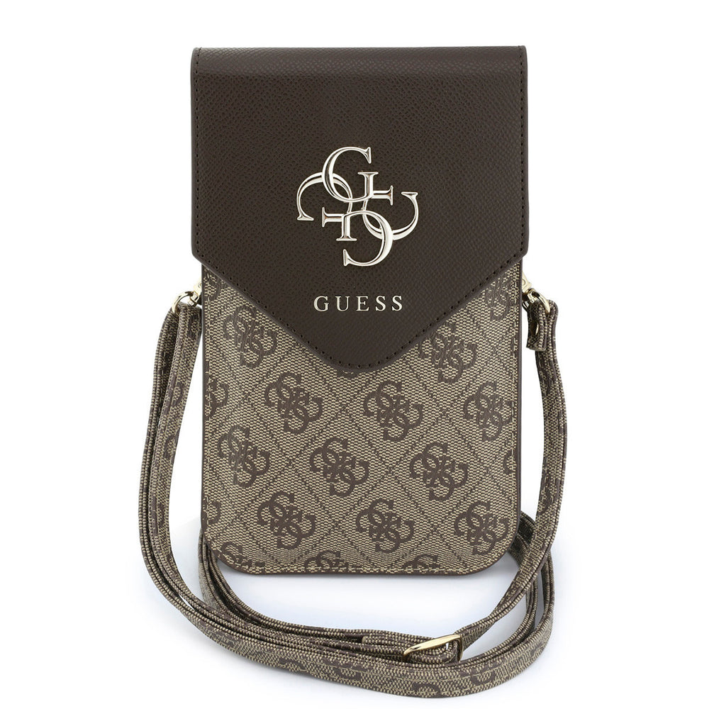 Bruine Guess telefoontas met 4G-patroon, groot logo, klep en schouderriem